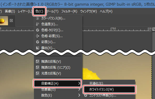 6. 色(C) -> 自動補正(A) -> ホワイトバランス(W)を実行 6. 色(C) -> 自動補正(A) -> ホワイトバランス(W)を実行